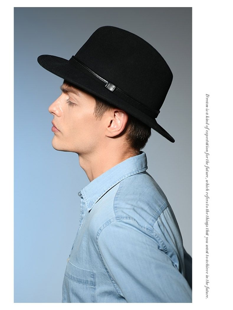 男仿羊毛呢男士礼帽英伦绅士爵士帽复古毡帽皮带款黑色m5658cm可调节