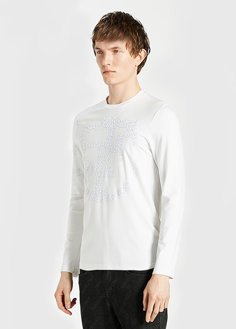 ferre费雷男装短绒字母圆领轻奢长袖t恤男宽松打底衫内搭白色46