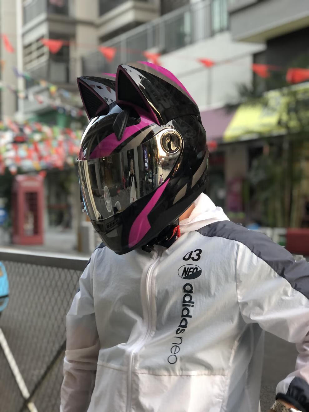 摩托车头盔猫耳朵猫兔耳朵蝴蝶结时尚个性男女士四季通用机车 黑紫色