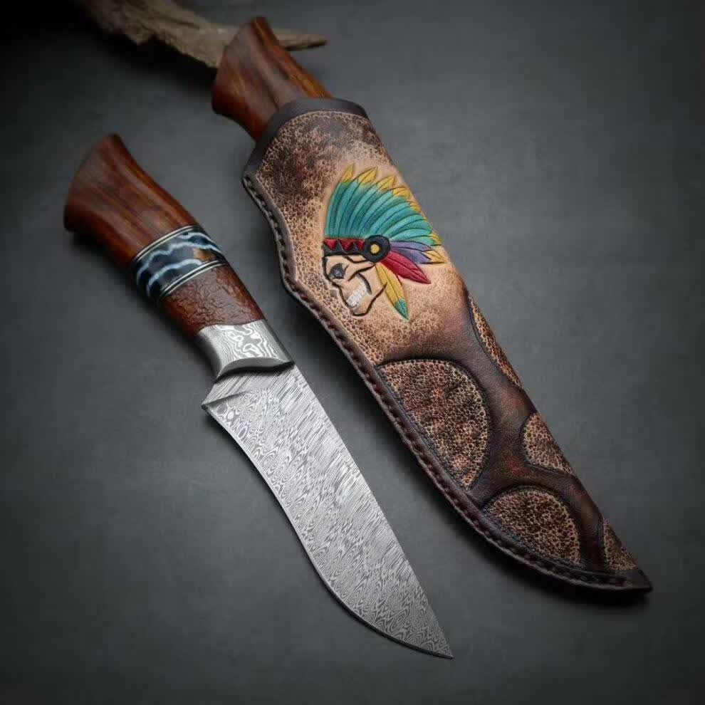 硕哥 进口瑞粉大马士革钢刀户外防身小刀荒野求生高硬度锋利手工直刀