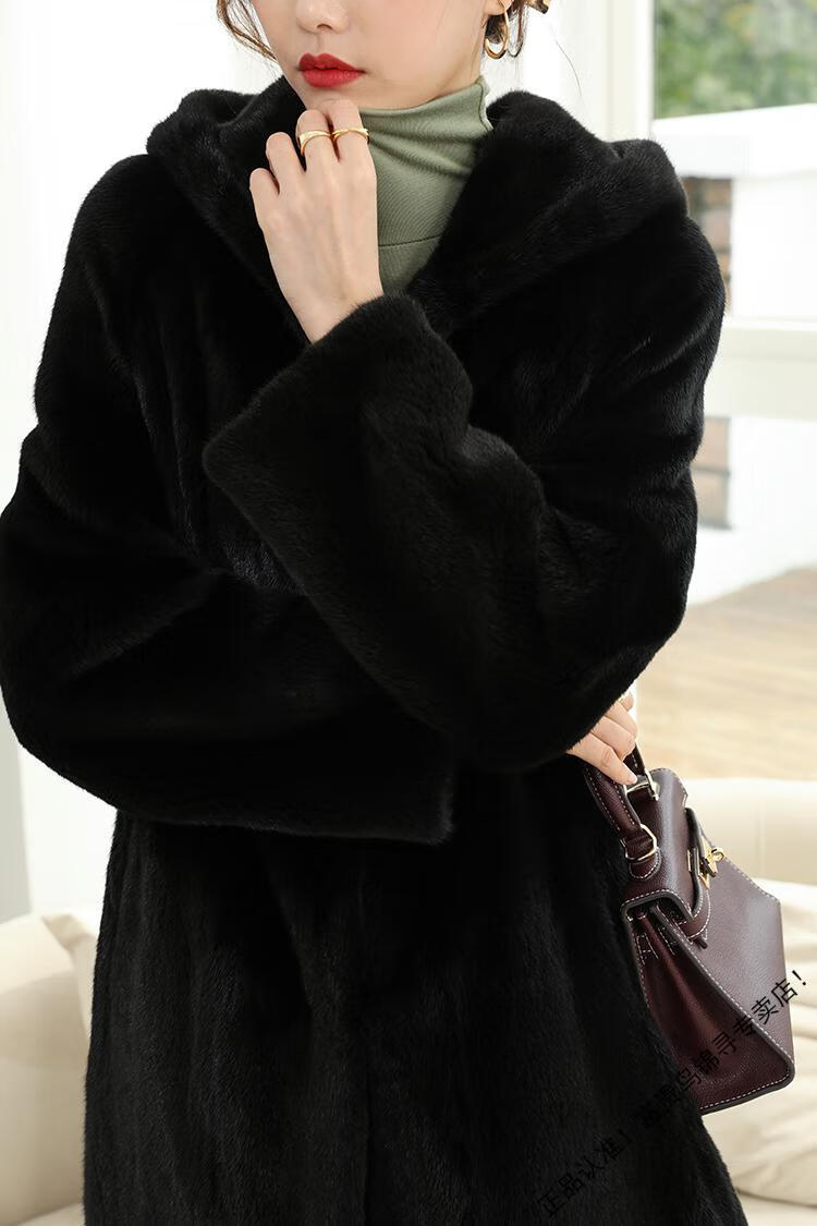富贵鸟115过膝进口天鹅绒貂皮大衣女整貂长款带帽高端水貂皮草外套