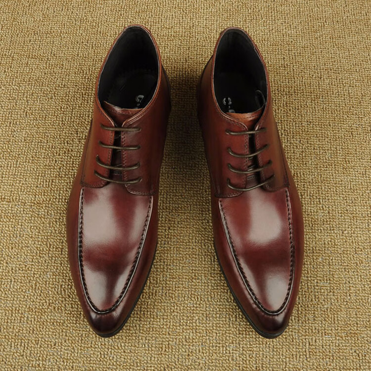 新潮头层牛皮马丁靴 尖头皮靴男短靴牛仔靴商务高帮男鞋 红棕色光面