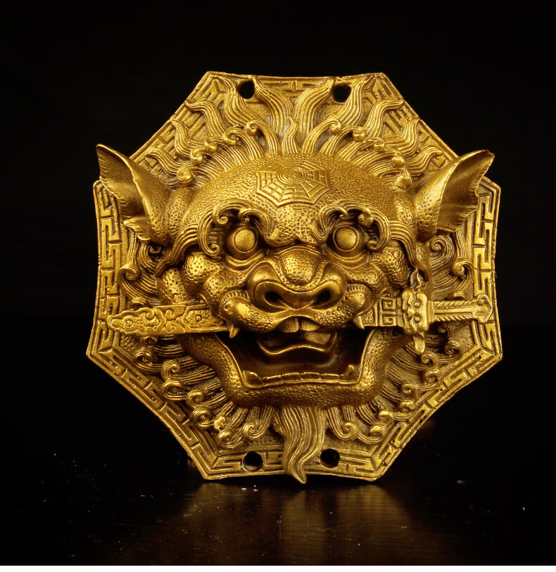 兴润阁黄铜八角狮头摆件铜兽头八卦狮咬剑挂件铜狮子睚眦虎头挂饰狮子