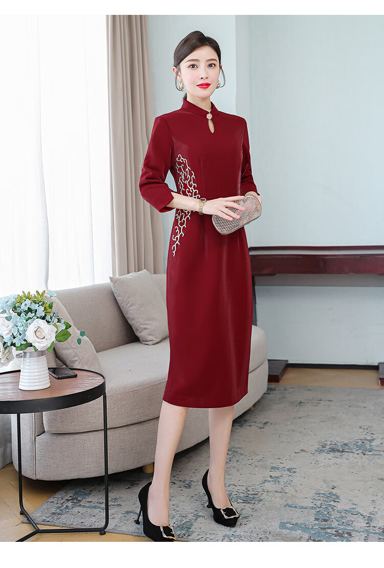 高档小个子喜婆婆婚宴时尚礼服冬装妈妈婚礼服加绒加厚旗袍连衣裙秋冬