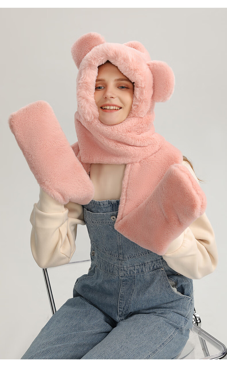 vvc三合一围巾小熊儿童熊抱一体保暖围巾秋冬可爱护耳朵围脖加厚保暖