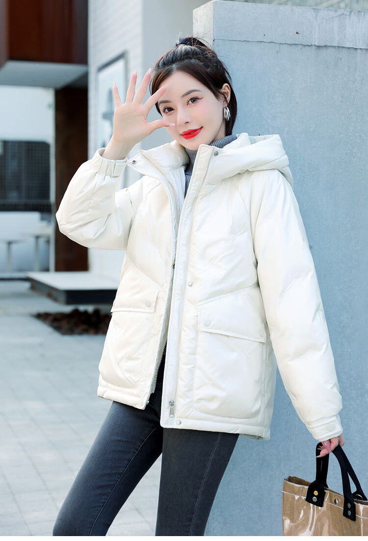 棉衣外套女秋冬季短款女士棉服衣服女小个子冬天免洗亮面连帽 米色 s