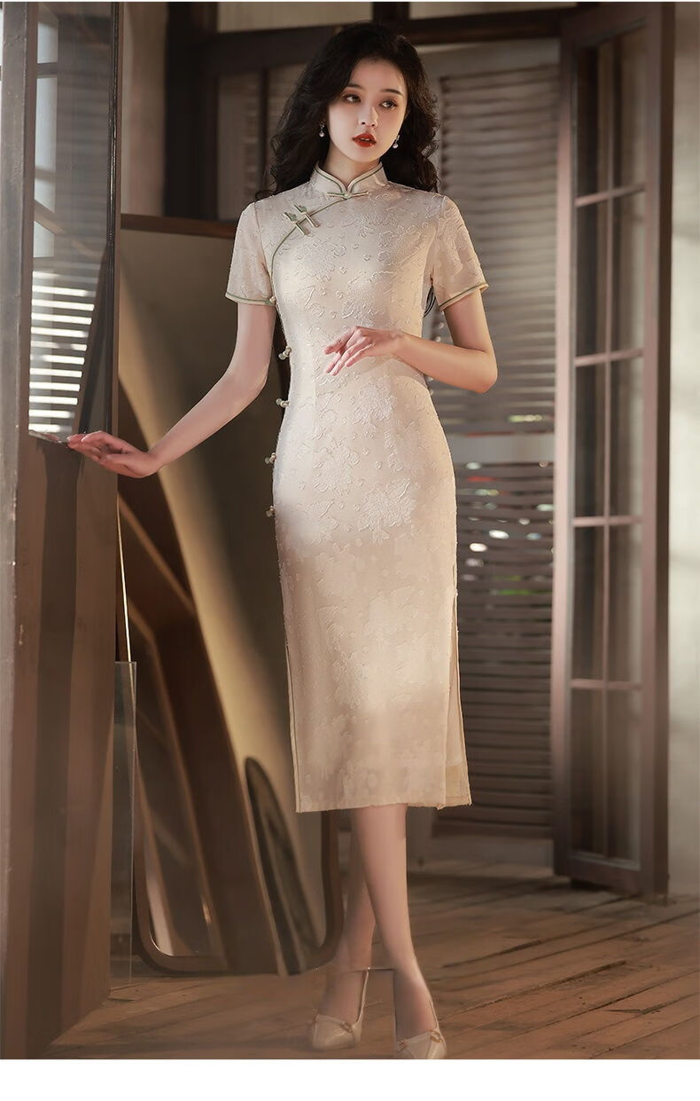 杜艳枝夏季新米白色长款旗袍女2022年改良民国风复古气质高端年轻款米