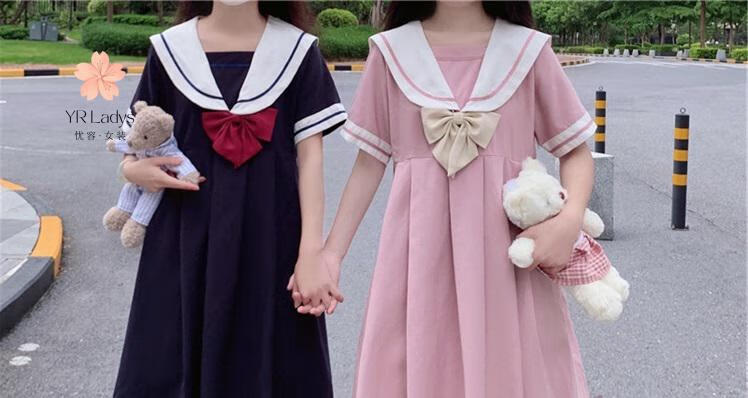 日系学院风jk海军风领学生闺蜜装水手服连衣裙子女春夏季忧容粉红色
