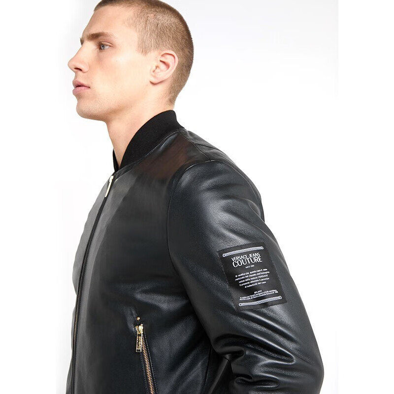 versace jeans couture 范思哲 新款黑色皮革缝品牌标识男士皮衣外套 