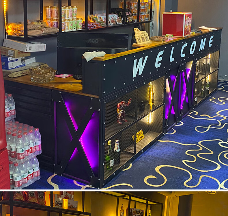 酒吧吧台收银台转角复古烧烤店音乐厅台球馆工业风接待台前台 整体长