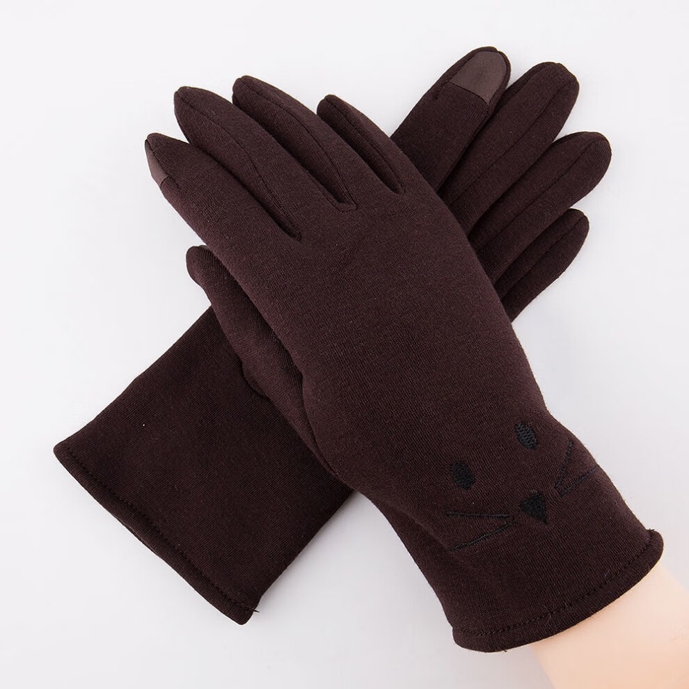 秋冬加绒骑车保暖女士手套加厚绒布蕾丝边蝴蝶结触摸屏手套小猫咪不倒