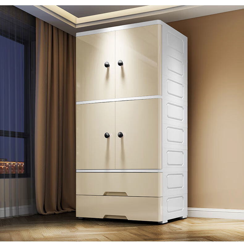 卧室储物柜收纳柜塑料出租房简易婴儿童衣柜卡其色2开门3抽屉60cm面宽