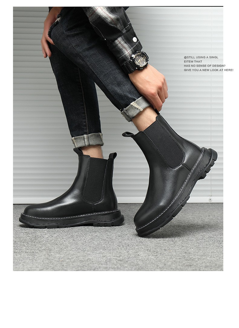 爱韬烟筒靴男秋冬季走秀亮面英伦切尔西靴厚底靴高帮中筒靴子发型师