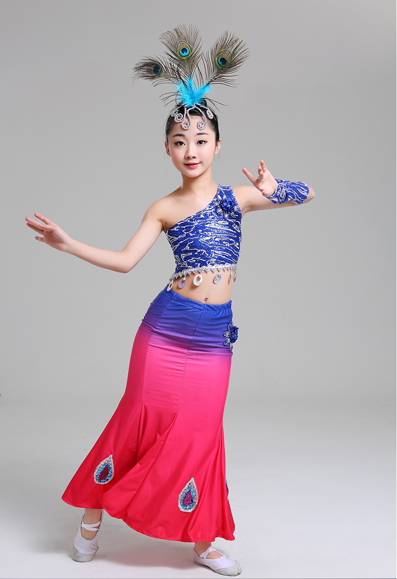 云南西双版纳傣族服装舞蹈孔雀舞服儿童女幼儿少数民族舞蹈鱼尾裙定制