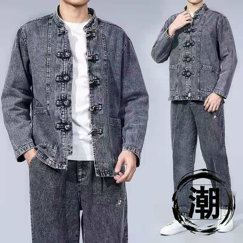 中国风男装牛仔夹克男套装复古盘扣刺绣唐装青年立领宽松潮牌外套黑色