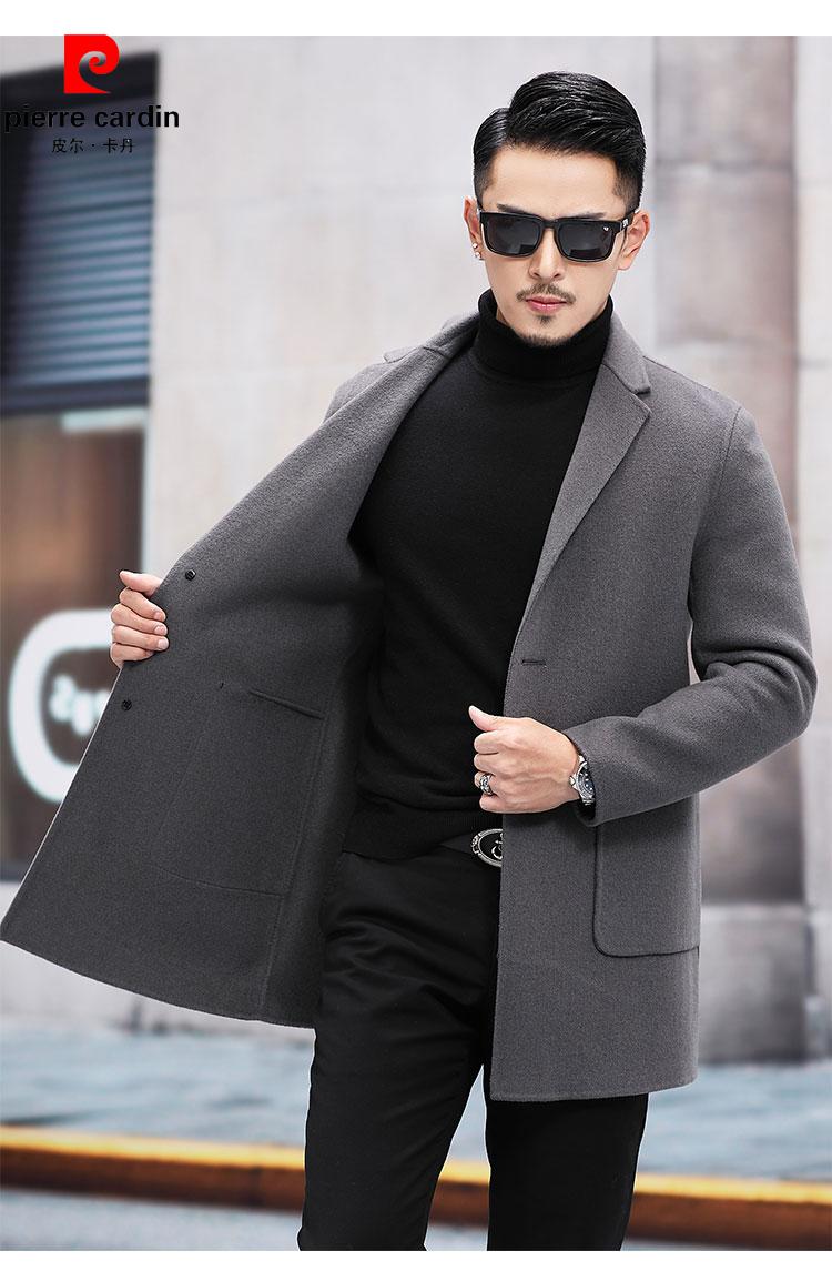 皮尔卡丹轻奢品牌2021新款中长款西装外套男士羊毛大衣秋冬季双面尼子