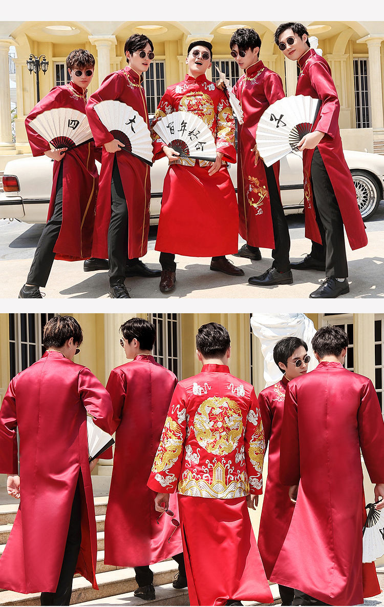 伴郎服装中式结婚礼服大码胖兄弟团唐装相声服古装马褂长衫中国风