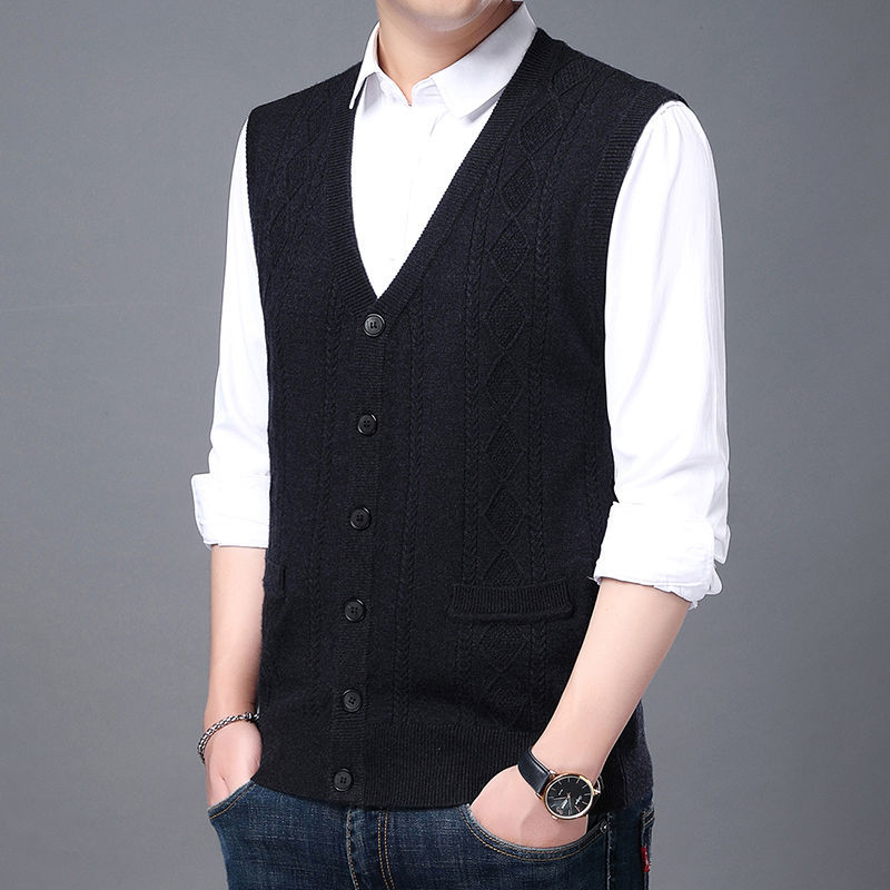 针织绒马甲男有口袋无袖毛衣开衫中老年外穿毛背心 2018黑色开衫背心