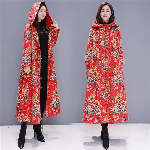 东北大花袄女冬季加绒超厚大花布衣服民族风中长款连帽棉服风衣外套
