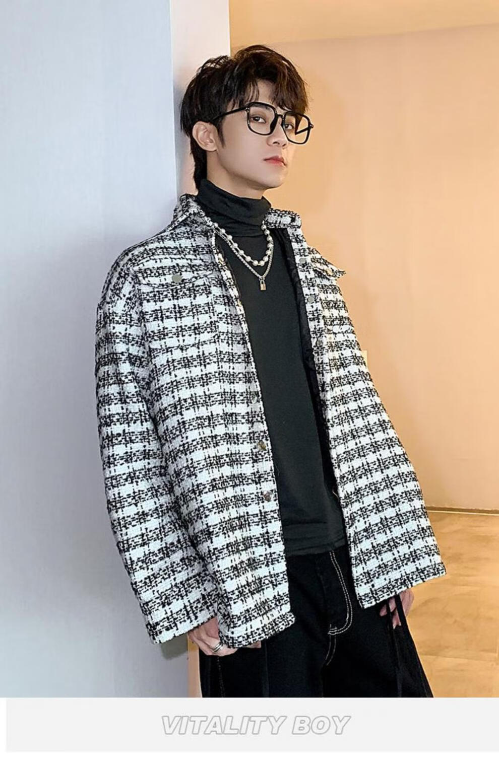 布须曼千鸟格小香风外套男春秋季绑带毛呢夹克vintage感男装轻熟风qz