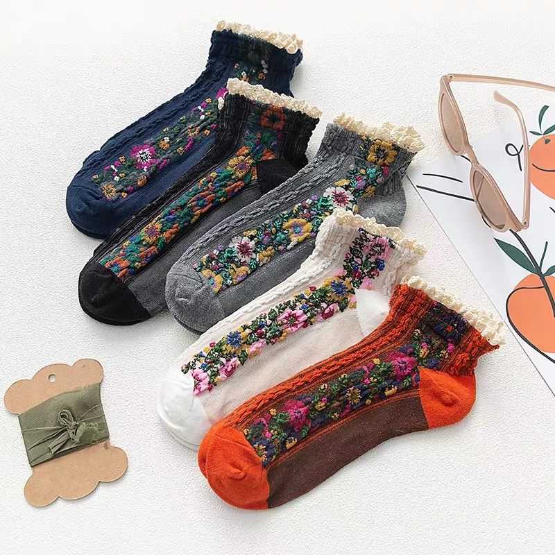 短筒袜秋冬季棉复古碎花民族风麻花袜蕾丝边棉袜短花边袜黑色3双3538