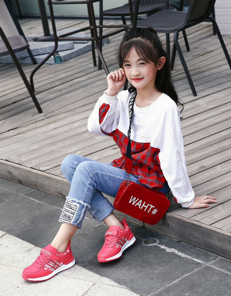 秋季新款鞋女孩运动鞋女童鞋子六七八岁小学生旅游跑步鞋皮面w56粉红