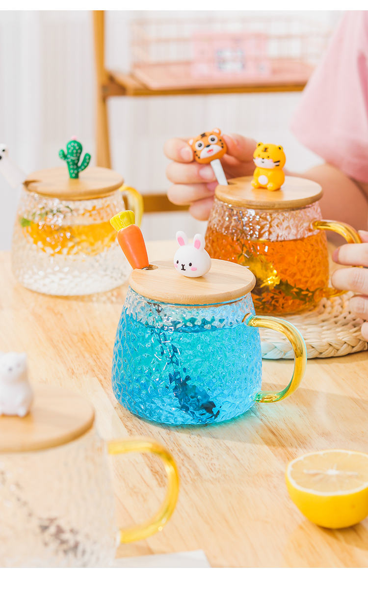 ins风玻璃杯子耐高温网红马克杯带盖勺高颜值女生茶杯牛奶咖啡杯 锤纹