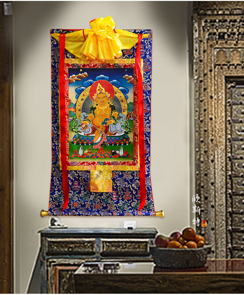 西藏黄财神佛像唐卡挂画佛教用品镀金藏巴拉唐卡装饰佛像壁画蓝色本色