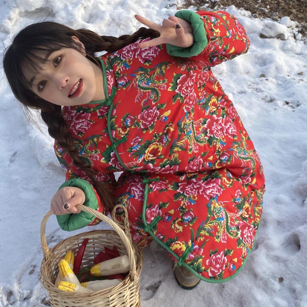 花袄大棉袄女冬加厚民族风碎花棉服时尚棉衣棉裤套装女外穿黑色套装l