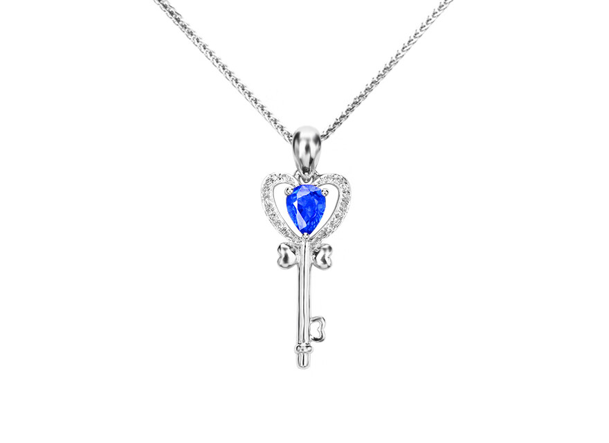 621号048克拉天然蓝宝石吊坠女18k金镶钻石心形钥匙彩宝定制