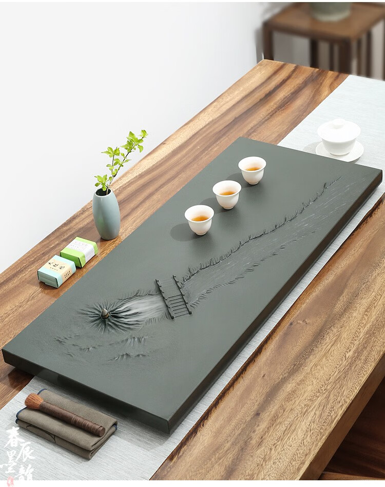 春墨辰韵手工雕刻天然天罗绿茶盘石头茶台排水家用石材茶海简约茶海