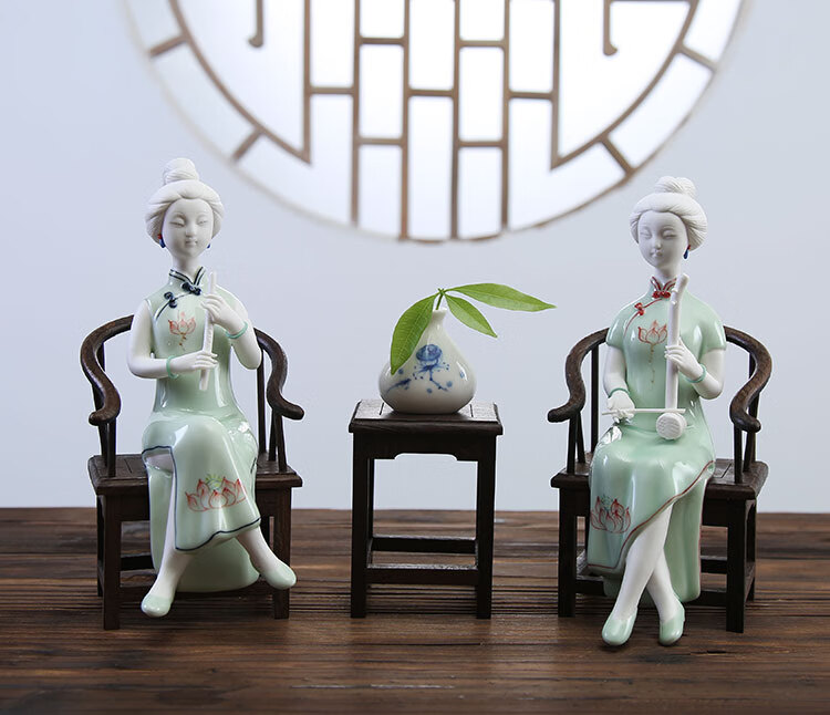 陶瓷摆件人偶德化陶瓷人物摆件琴棋书画青瓷仕女中式复古古典美女乐器