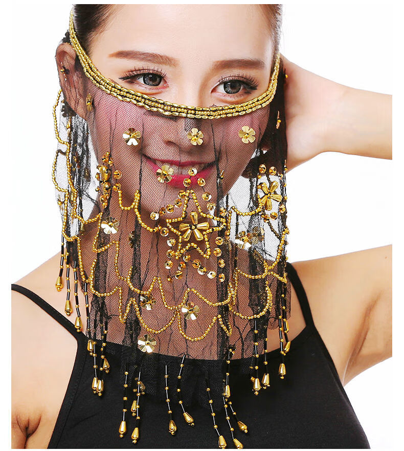 面纱古风印度舞蹈表演出服面纱蹈道具肚皮舞配饰梅花纱巾面罩面纱黄色