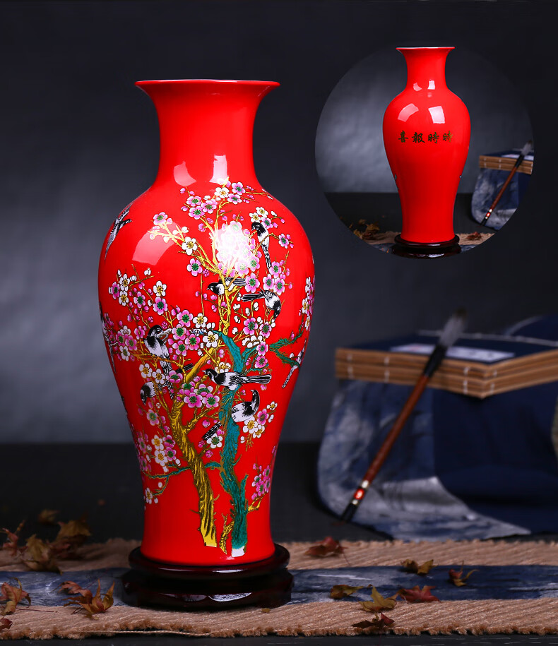 新品景德镇陶瓷器中国风红色水培花瓶插花客厅摆件古典装饰中式复仿古