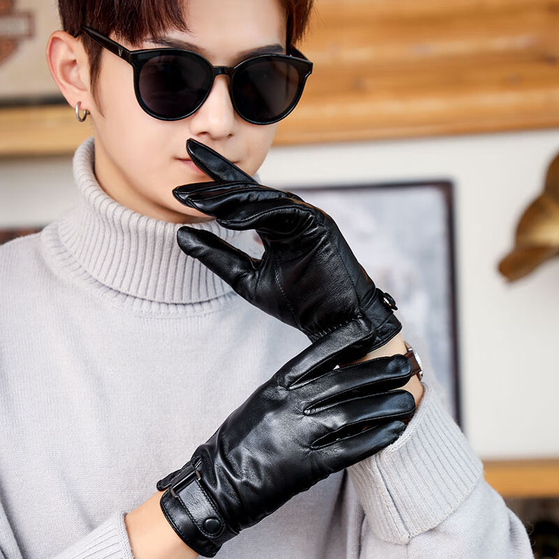 触屏司机皮手套男士冬季骑摩托保暖加绒真皮开车薄款进口羊皮手套黑色