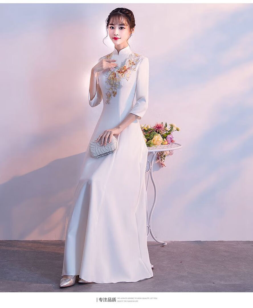 礼仪小姐服装礼仪接待旗袍大红迎宾礼服新品颁奖服长款长袖学生演出服