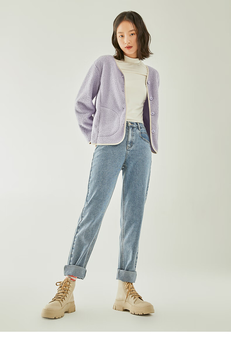 spao 女装秋冬季休闲时尚个性舒适v领 仿甜美羊羔绒毛呢外套女纯色