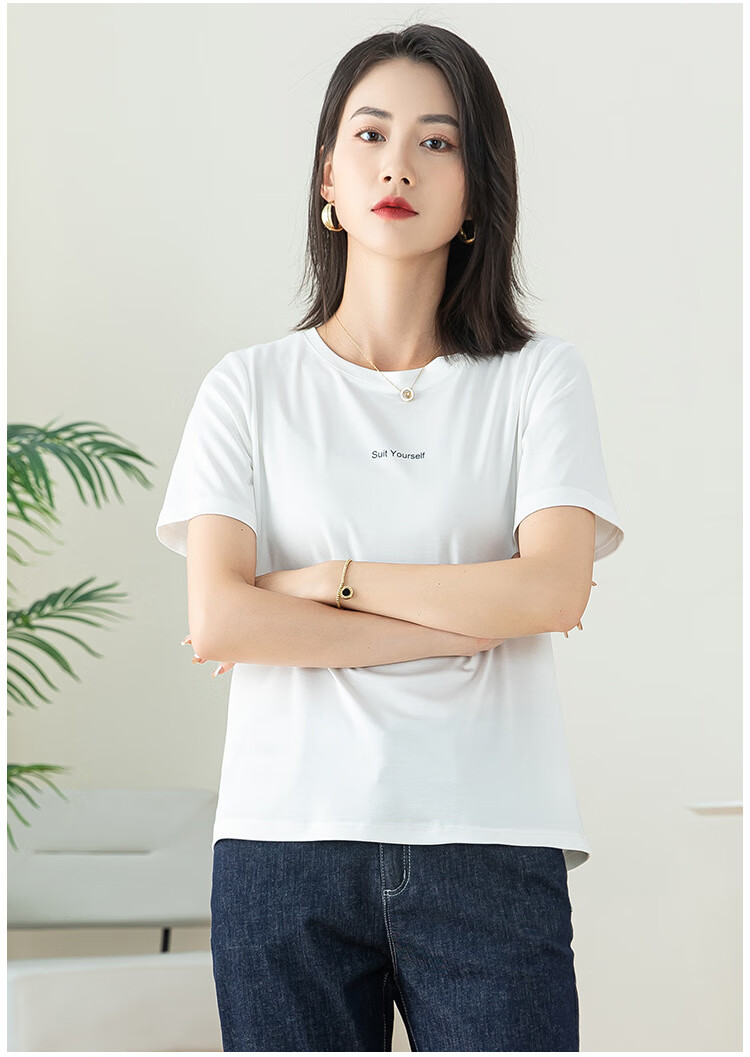 梦舒雅真醋丝上衣2022年新款圆领女夏短袖白色显瘦百搭t恤白色s