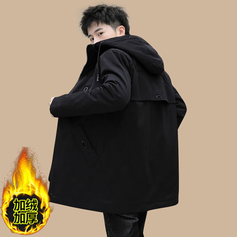 高品质风衣风衣男士冬季外套加绒加厚青年中长款简约连帽帅气宽松ins
