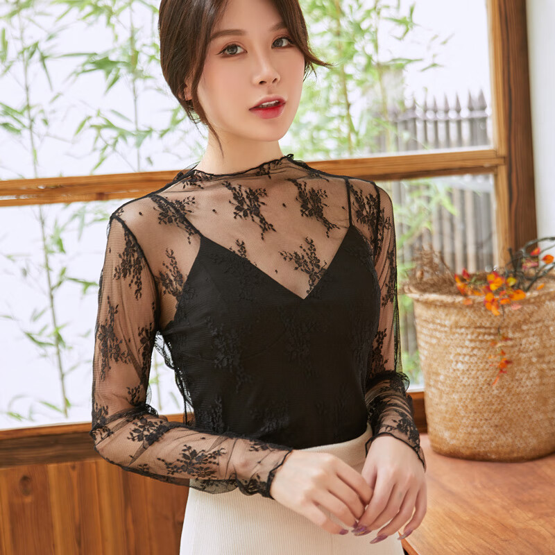 夏季冰丝镂空防晒打底t恤半透明网状上衣女镂空性感网纱长袖蕾丝韩版