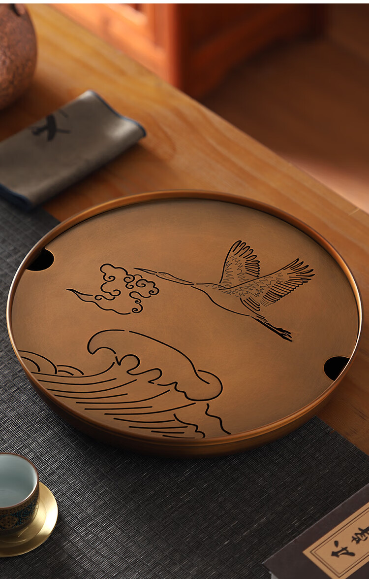 鹿玙纯铜茶盘高档家用托盘轻奢现代办公茶楼创意个性干泡台功夫茶具小