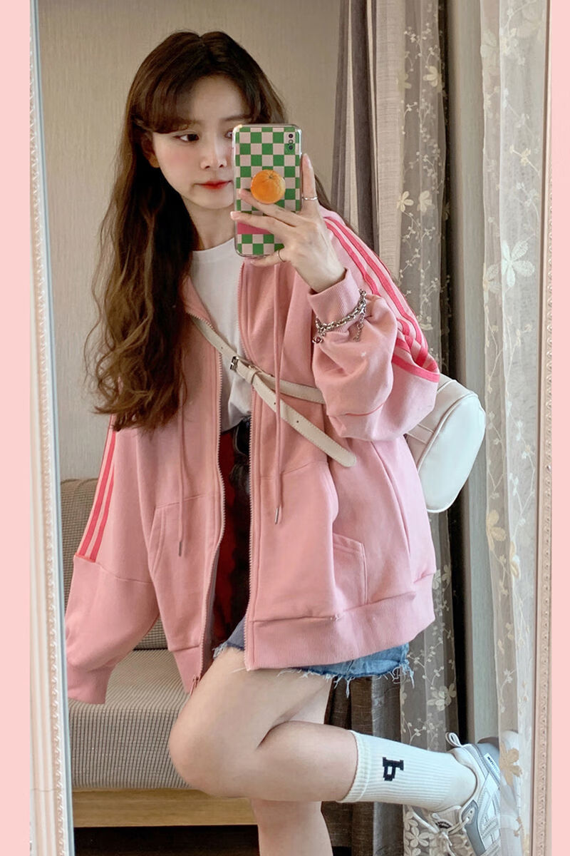 宽松学生温柔系拉链卫衣棒球服外套上衣ins潮粉色外套秋款薄款xxs30斤