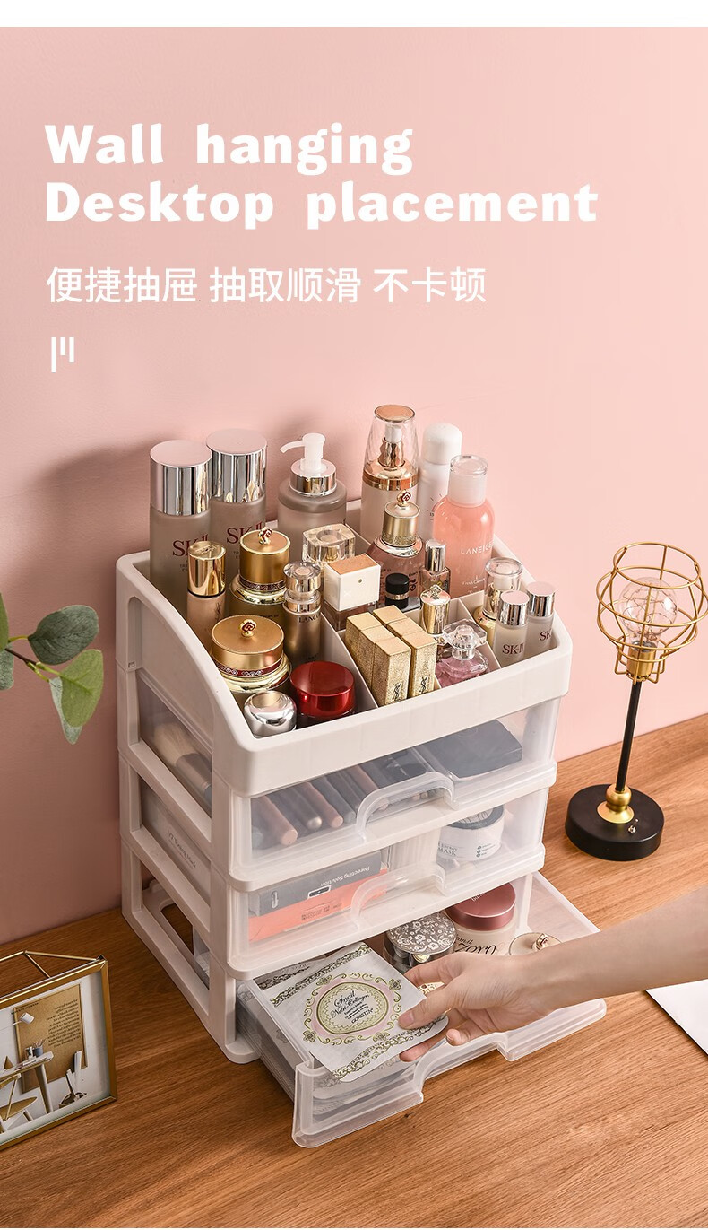 88394-冇力化妆品收纳盒多层可拆卸透明桌面抽屉柜塑料收纳盒整理柜多功能储物盒收纳箱 透明3层抽屉(顶带格子)-详情图