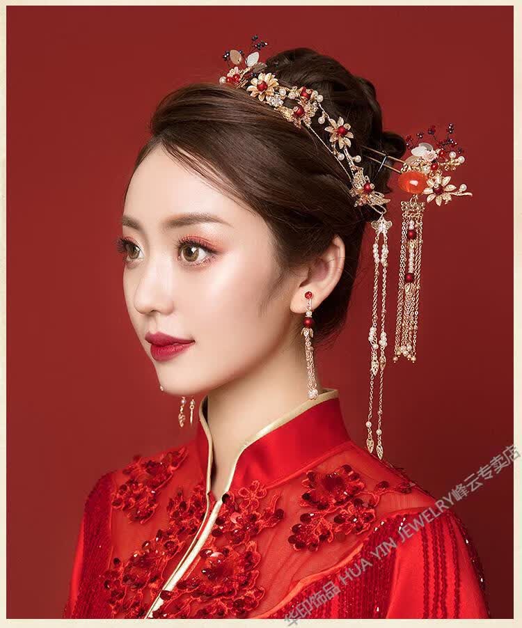 抖音推荐huayin新娘秀禾服头饰中式凤冠结婚古装发饰2020新款秀禾和服