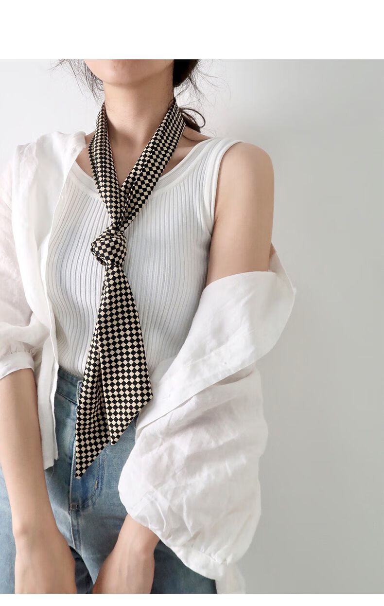 小丝巾搭工作服简约时尚春季百搭格子职业装搭西装窄丝巾小长条领巾