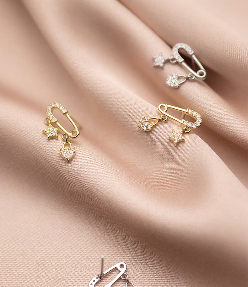钦伊s925银小清新可爱别针耳钉女韩版气质镶钻爱心耳饰s925银耳钉银色