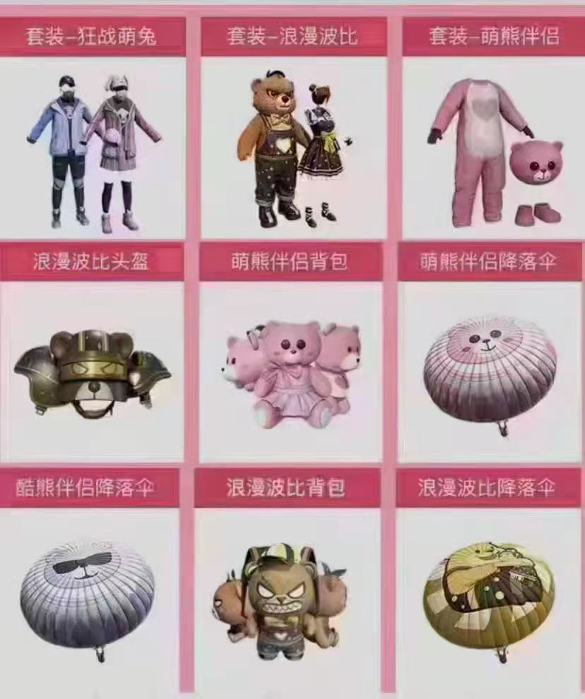 和平精英萌熊酷粉熊伴侣背包浪漫波比套装狂沙舞者战萌兔童话森林浪漫