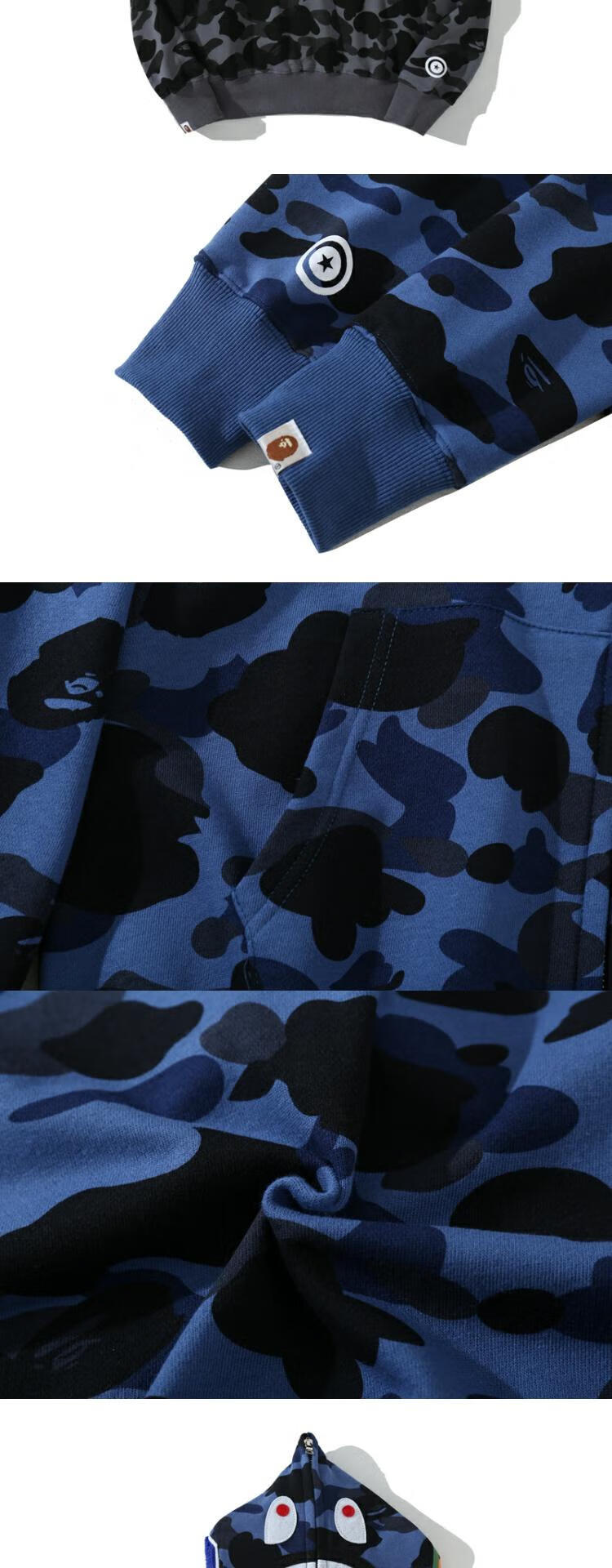 翰钦bape日系迷彩毛圈鲨鱼帽衫情侣款连帽猿人头潮牌字母绣花拉链卫衣