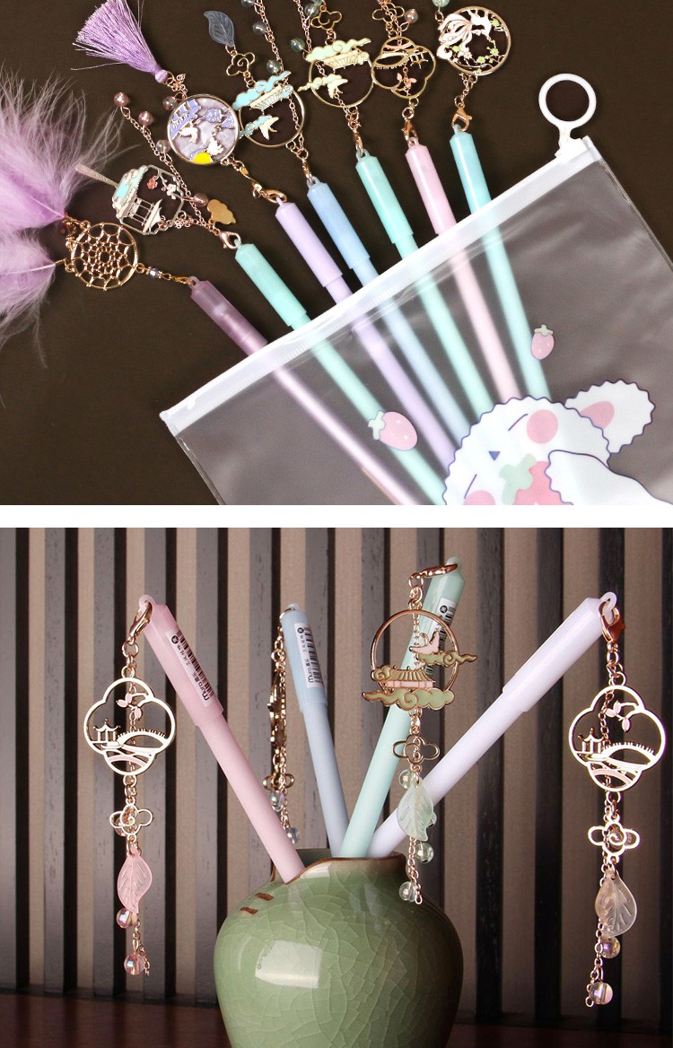 古风吊坠笔好看漂亮的笔中性笔可爱少女心挂饰笔黑笔仙气笔学生用亭边