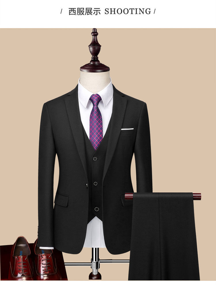 西服男套装青少年韩版修身职业商务正装新郎伴郎结婚礼服黑色1扣西服